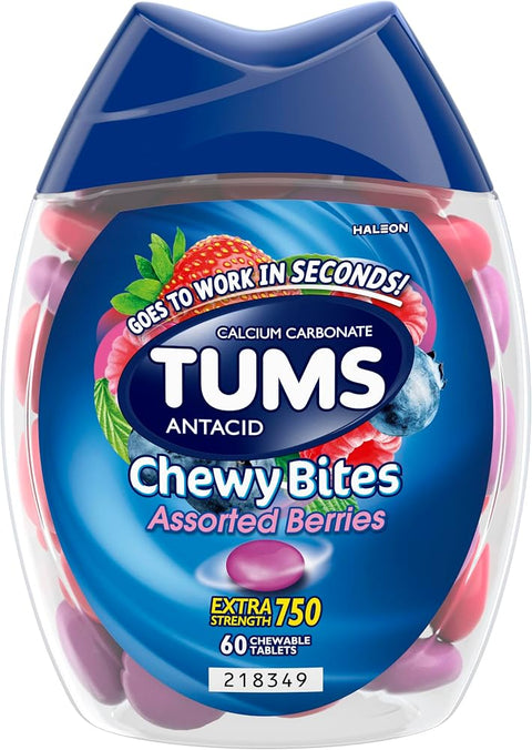 TUMS Chewy Bites Antacid Tablets for Chewable Heartburn Relief and Acid Indigestion Relief, Assorted Berries - 60 Count