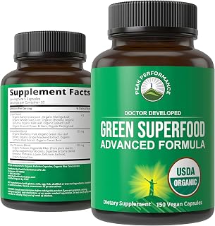 Peak Performance Organic Super Greens 150 Capsules for Max Energy and Detox