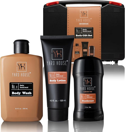 Yard House Men’s Bath Gift Set – Smoky Sandalwood | 4-Piece Grooming Kit with Body Wash, Body Lotion & Deodorant in Travel Toolbox Case – Perfect for Father’s Day, Christmas, Birthdays & Holidays