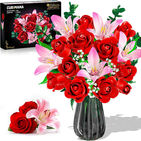 CUBIMANA Flowers Bouquet Building Set with LED for Adults Women Girls 8+