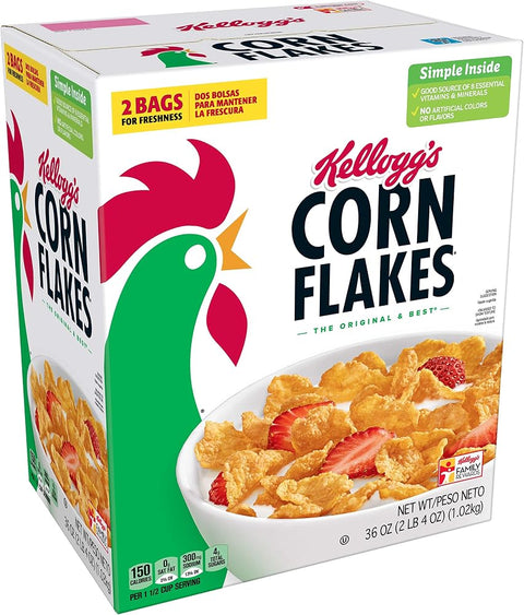 Kellogg's Corn Flakes Breakfast Cereal, 8 Vitamins and Minerals, Healthy Snacks, Original, 36oz Box (2 Bags)