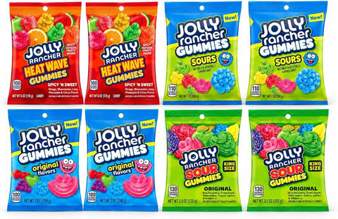 Big TOP DEALS USA JOLLY RANCHER Gummies Variety Gift Bundle, 8 Bags with 2 Heat Wave, 2 Sours, 2 Original Flavors, 2 King Size Sour Gummies and Blue Gift Bag