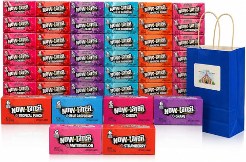 Variety Pack Now and Later Candy with Blue Paper Gift Bag – 48 Count, 8 Each of 6 Assorted Fruit Flavors – Individually Wrapped, Party Favor, Office, Travel, Snack, Bulk Pack