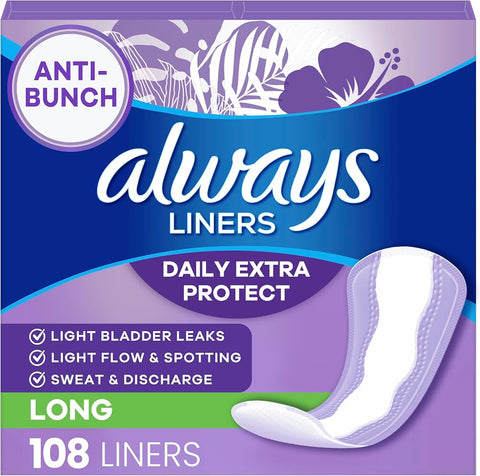 Always Panty Liners for Women Anti-Bunch Xtra Protection Daily Liners, Long, Unscented, 108 Count - Personal Care