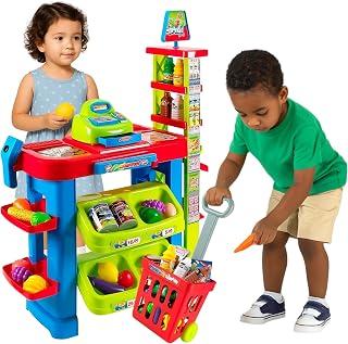 Supermarket Playset for Kids — Grocery Store Pretend Play with Toy Shopping Cart, Cash Register, Scanner & Play Food Accessories – Fun Gift for Ages 3+