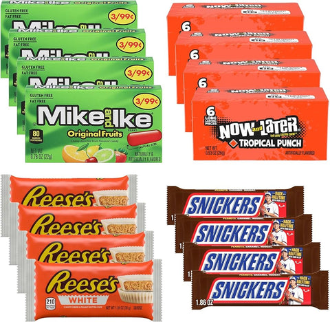 Big TOP DEALS USA 36 Count Candy Variety Pack, 9 Each Mike and Ike Original Fruits, Now and Later Tropical Punch, Reese's White Creme Cups, Snickers - Individually Wrapped, Fruity Chewy Candy