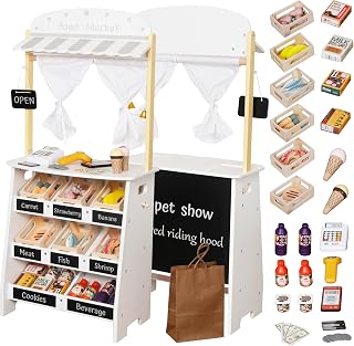 Touch Us Children Grocery Store Playset,Pretend Play Store Toy & Wooden Supermarket Shopping Cart with Toy Cash Register, Play Money&Blackboard;26PCS Food Toys Shop for 3+ Year Old Boys Girls