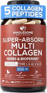 Wholesome Wellness Collagen Capsules, Multi Collagen Peptides Pills (Type I II III V X) for Hair, Skin, Nails - Super-Absorb Hydrolyzed Peptides Protein Supplement for Women & Men (90 Capsules)