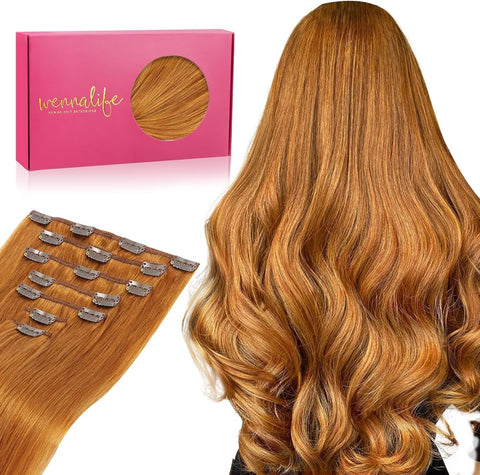 WENNALIFE Real Human Hair Extensions, 16 Inch 150g 9pcs, Auburn Ginger Clip In, Remy Human Hair