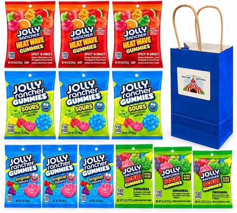 Big TOP DEALS USA JOLLY RANCHER Gummies Variety Gift Bundle, 12 Bags with 3 Heat Wave, 3 Sours, 3 Original Flavors, 3 King Size Sour Gummies and Blue Gift Bag