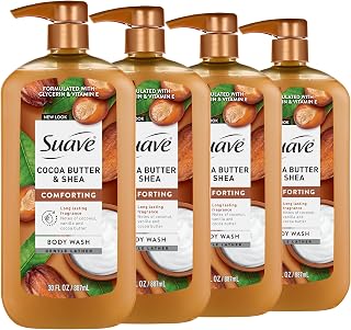 Suave+ Cocoa Butter + Shea Moisturizing Body Wash with Glycerin & Vitamin E, Hydrating Skin Cleanser For Soft, Smooth Skin, Long Lasting Scent, Paraben Free, 30 FL OZ Pump