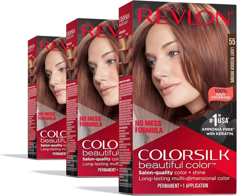 Revlon Colorsilk Beautiful Color Permanent Hair Color, (OLD VERSION) 55 Light Reddish Brown (Pack of 3)