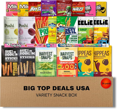 BIG TOP DEALS USA Variety Snack Box, 24 Count Candy & Chips Assortment, Party Snack Box, Care Package Gift Basket for Birthdays, Office, College & Holidays