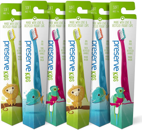 Preserve Kids Toothbrushes, Made in the USA from Recycled Plastic, Soft Bristles, Colors Vary (6ct)