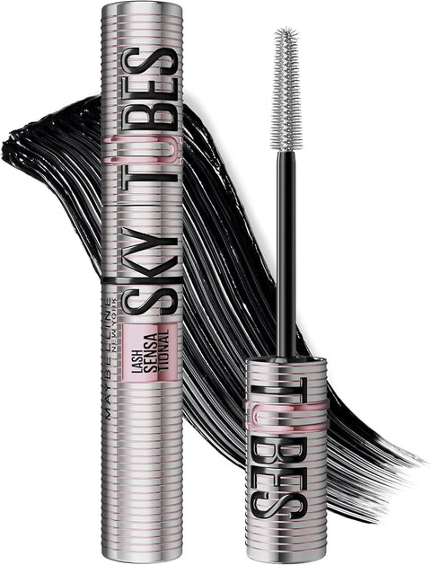 Maybelline Lash Sensational Sky Tubes Tubing Mascara, Extension-Like Lengthening Mascara, 24HR Eye Makeup with Shea Butter & Castor Oil, Very Black, 1 Count