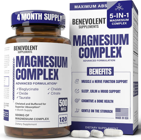 Benevolent 5-in-1 Magnesium Complex Premium Supplement 500mg – 120 Capsules