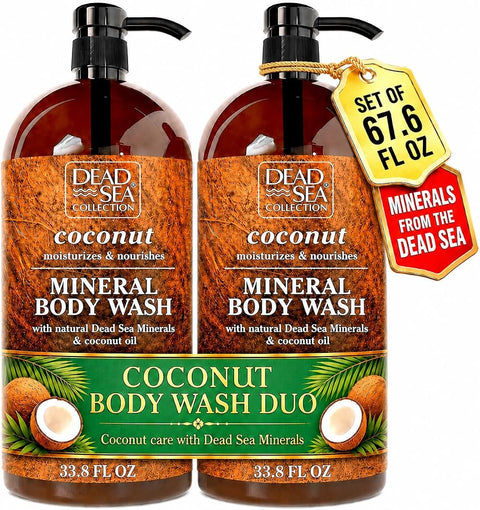 Dead Sea Collection Coconut Body Wash for Women and Men - with Pure Dead Sea Minerals and Coconut Oil - Cleanses and Moisturizes Skin - Pack of 2 (67.6 fl. oz)