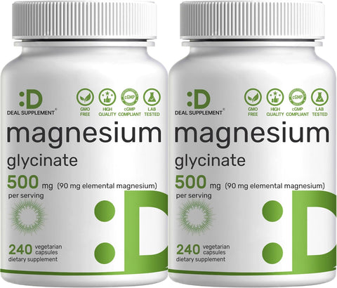 Deal Supplement Magnesium Glycinate 500mg, 480 Veggie Capsules | 100% Chelated for Easy Absorption | Essential Mineral Supplement | Non-GMO, Gluten-Free