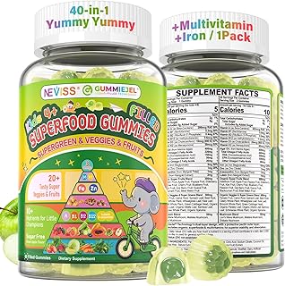 NEVISS Kids Teens Ages 4–17 Multivitamin with Iron Omega3 D3K2, Picky Eater Vitamin Super Greens Gummies, Boys Girls Organic Fruits Veggies Superfood, Mushroom | Immune Bone Brain, Sugar Free, 1Pack