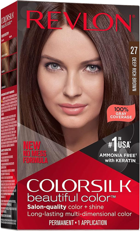 Revlon Colorsilk Beautiful Color Permanent Hair Color, Long-Lasting High-Definition Color, Shine & Silky Softness with 100% Gray Coverage, Ammonia Free, 027 Deep Rich Brown, 1 Pack