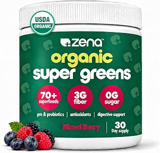 Zena Nutrition Organic Super Greens Powder, Mixed Berry, 30 Servings