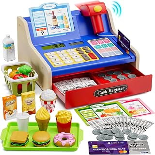 HYES Rechargeable Wooden Cash Register for Kids, Child Learning Toys Blue