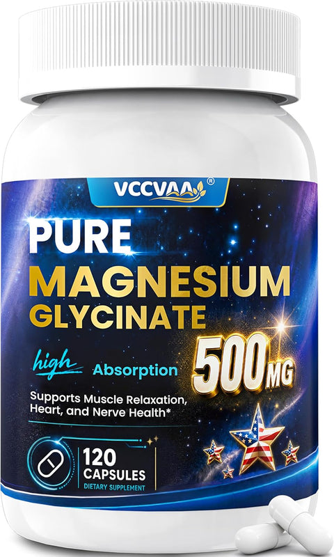 Pure Magnesium Glycinate 500mg, High Absorption Magnesium Supplement for Women & Men | Sleep Support, Muscle Cramp Relief, Stress (120 Count)