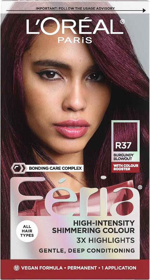 L'Oreal Paris Feria Multi-Faceted Shimmering Permanent Hair Color, R37 Blowout Burgundy (Deep Burgundy), Pack of 1, Hair Dye - Personal Care