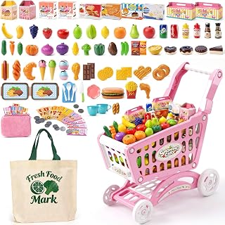 Kids Shopping Cart Toy with Play Food, Kitchen Accessories, Shopping Bag, Purse and Play Money, 117pcs Pretend Shopping Cart for Toddler Role Play Grocery Store Game Gift for Kids (Pink)