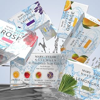 Mary Tylor Naturals Natural Soap Bar (6 Set) — Gift Set Variety Pack for Men & Women — Face and Body Soap — Orange, Rose, Mango, Lavender, Jasmine, Lemongrass — 4 oz each Bar, Hand Made