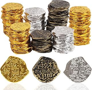 LOMIMOS 100 Pcs Plastic Pirate Gold Coins,Spanish Doubloon Replicas Treasure Chest Fake Metal Pirate Coins for Kids Board Games Pirate Party Halloween Cosplay Party Favors Trick or Treat Supplies