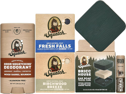 Dr. Squatch NEW Bricc House Travel Pack - Soap Travel Case + Birchwood Breeze, Fresh Falls Soap + Wood Barrel Bourbon Deodorant + Vanilla Bourbon Lip Balm - Full Routine Natural Men's Care Kit