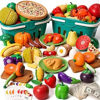 Funpynani Cutting Play Food Toys, 200 Pieces Pretend Play Kitchen Accessories, Fake Fruits/Vegetables Cards, Play Money, 2 Shopping Storage Baskets, Birthday Gift, Educational Toy For Toddler Children