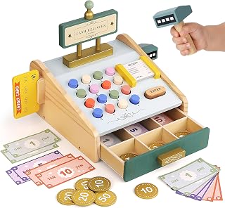 PairPear Kids Cash Register with Scanner Wooden Counting Cash Register Toy