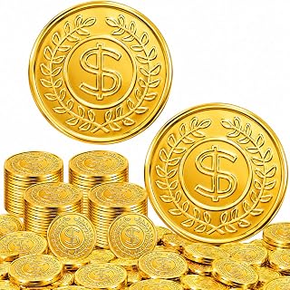 SpinLaLa 100 Count Plastic Gold Coins Set, Pirate Treasure Gold Play Coins for Party Theme Props Decorations, Lucky Draw Games Treasure Hunt