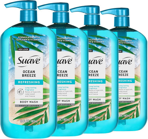Suave+ Ocean Breeze Moisturizing Body Wash with Glycerin & Vitamin E, Hydrating Formula For Soft, Smooth Skin, Long Lasting Fragrance, 30 FL OZ Pump