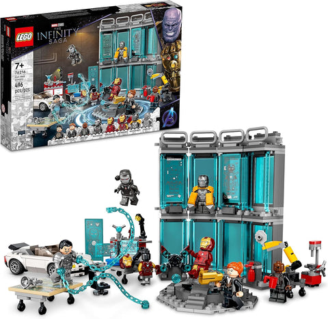 LEGO Marvel Iron Man Armory 76216 Building Set Toy; Suits, Minifigures and Super Hero Action; Gift for Kids Aged 7+ (496 Pieces)