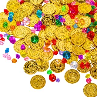 100 Pieces Gold Coins and 100 Pieces Gem Jewelry Fake Gold Coins for Pirate Treasure Party Decor Halloween Adventure Themed Event Party Supplies