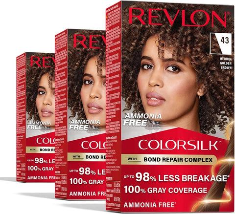 Revlon ColorSilk with Bond Repair Hair Color, 43 Medium Golden Brown, 3pk