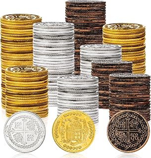 Charniol 300 Pcs Plastic Gold Coins Pirate Coins Kids Fake Play Coins Replica Spanish Doubloons for Pirate Party Treasure Chest Games Tokens Toys Cosplay Halloween, Gold, Silver, Bronze (Round)
