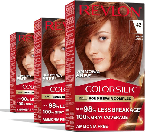 Revlon ColorSilk with Bond Repair Hair Color, 42 Medium Auburn, 3pk