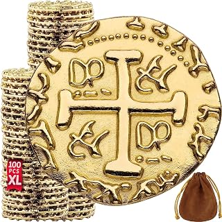 Leib Games Gold Metal Pirate Coins - 100 Leprechaun Metal Gold Coins for Halloween, Game Tokens, Toys & Cosplay - Fake Tokens Set for Pirate Treasure Chest - Diameter: 1.18"