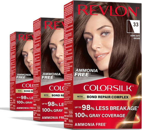 Revlon ColorSilk with Bond Repair Hair Color, 33 Dark Soft Brown, 3pk - Personal Care