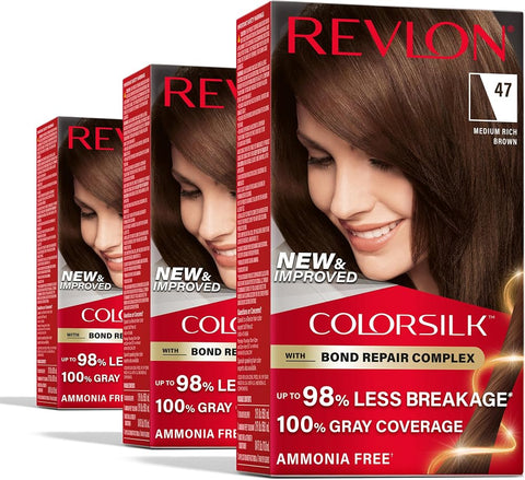 Revlon ColorSilk with Bond Repair Hair Color, 47 Medium Rich Brown, 3pk - Personal Care