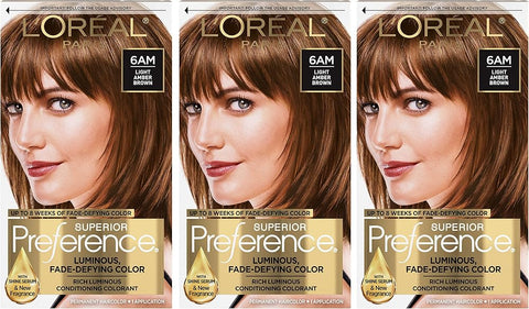 L'Oreal Paris Superior Preference Luminous Fade-Defying Permanent Hair Color, Hair Dye For Up to 9 Weeks of Radiance, Light Amber Brown 6AM, 1 Hair Dye Kit (Pack of 3)