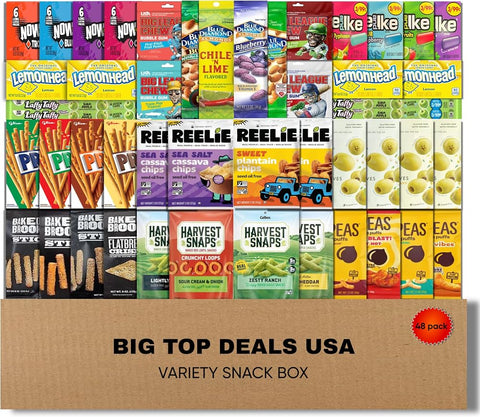 BIG TOP DEALS USA Variety Snack Box 48 Count Candy, Chips & Snack Assortment Care Package for Parties, Office, College, Birthday, Holiday Gift