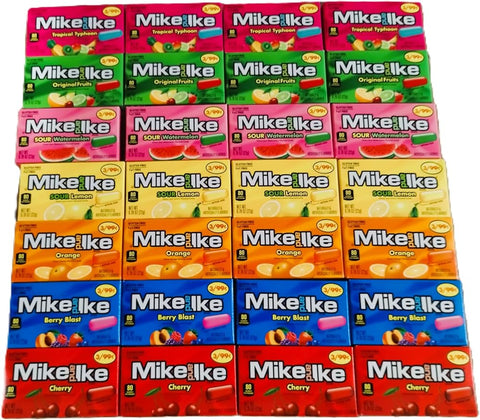 DM Sweets Mike and Ike Assortment - 4 Boxes Each of Original Orange Berry Blast Tropical Typhoon Sour Lemon Cherry Sour Watermelon, Red