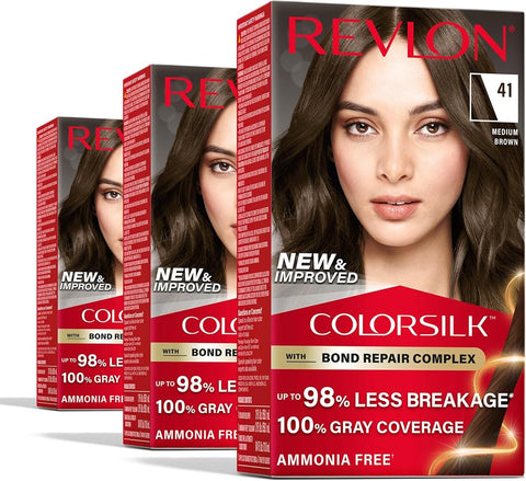 Revlon ColorSilk with Bond Repair Hair Color, 41 Medium Brown, 3pk
