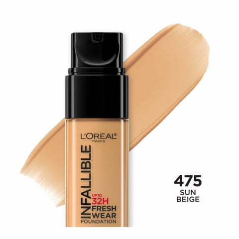 L'Oreal Paris Makeup Infallible Up to 32 Hour Fresh Wear Lightweight Foundation, 475 Sun Beige, 1 Fl Oz, Packaging May Vary - Face Makeup - Beauty