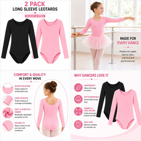 Moret Kids Girls' Ballet and Dance 2-Pack Long Sleeve Leotard - Combination Pack (Black & Pink) - Classic Cotton Stretch Studio Practice Outfit, Large